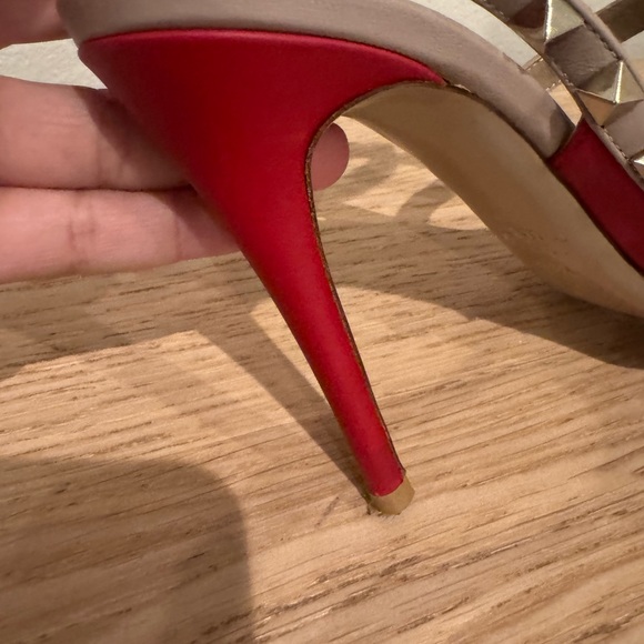 Valentino Red Pointed-Toe Rockstud T-Strap Pumps with Nude Straps - Picture 10 of 15